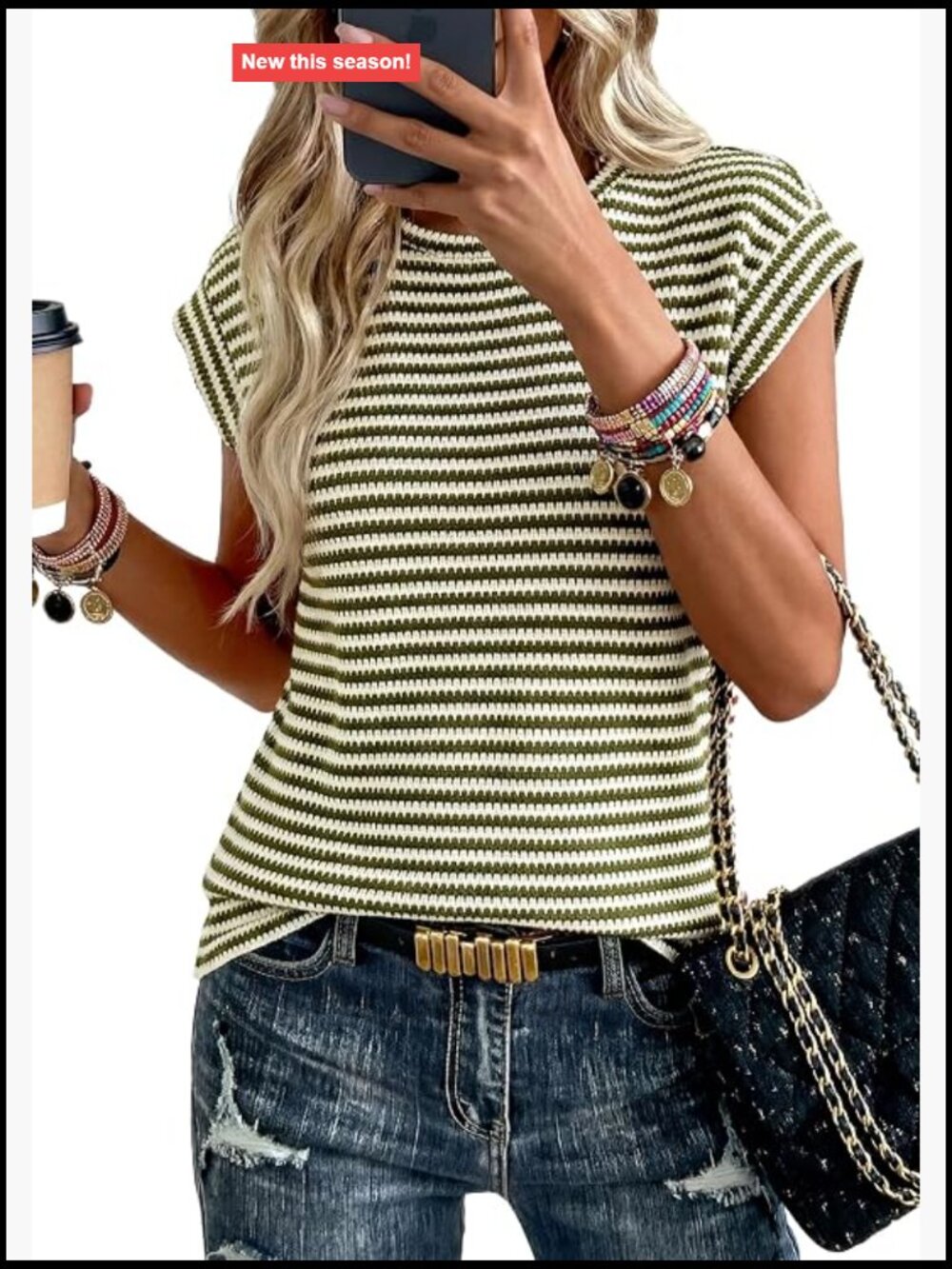 Striped Knit Vest Top Cap Sleeve Crew Neck Casual